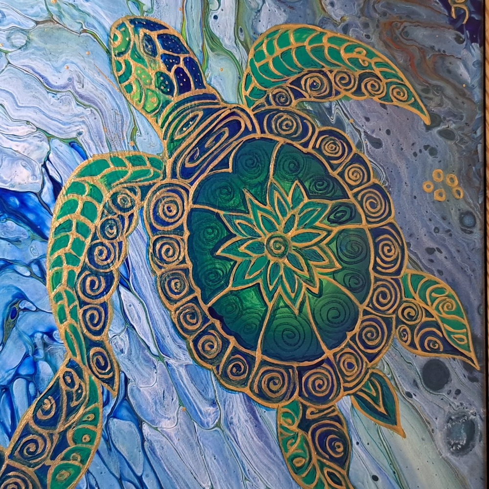 Hand Crafted Sea Turtle Fluid Wall Art Painting - Picture 4 of 15